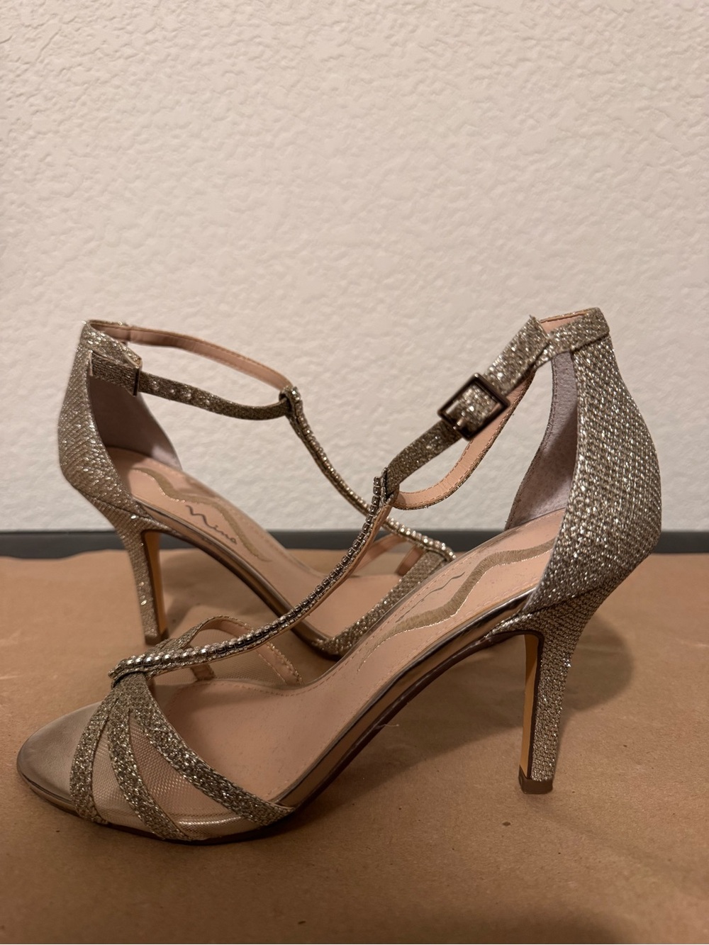 Nina-Gold T-Strap Rhinestone Evening Sandals - Women